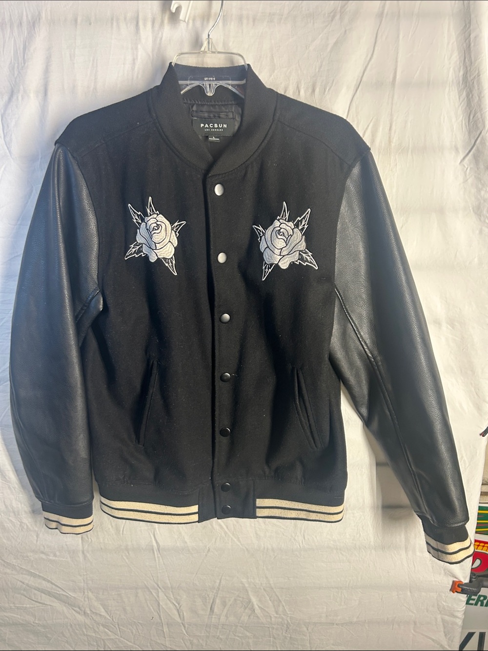 PacSun Black Varsity Jacket with White Rose Embroidery